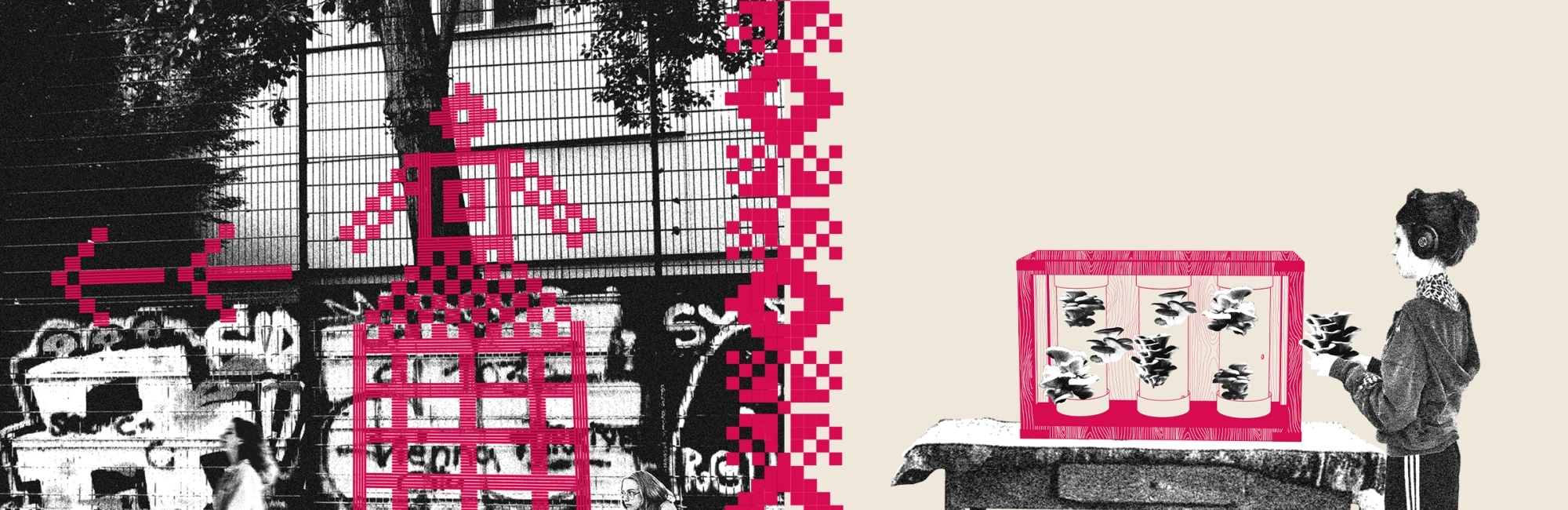 Pixel-Kunst-Figur auf Graffiti-Wand neben Pilzzucht und Mädchen mit Kopfhörern