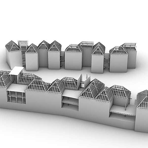 3D-Modell von aneinander gereihten Gebäuden