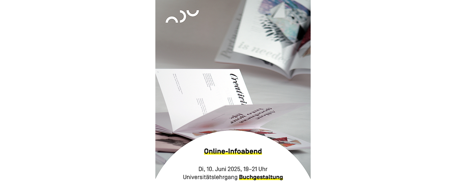Plakat: Online-Infoabend Universitätslehrgang Buchgestaltung
