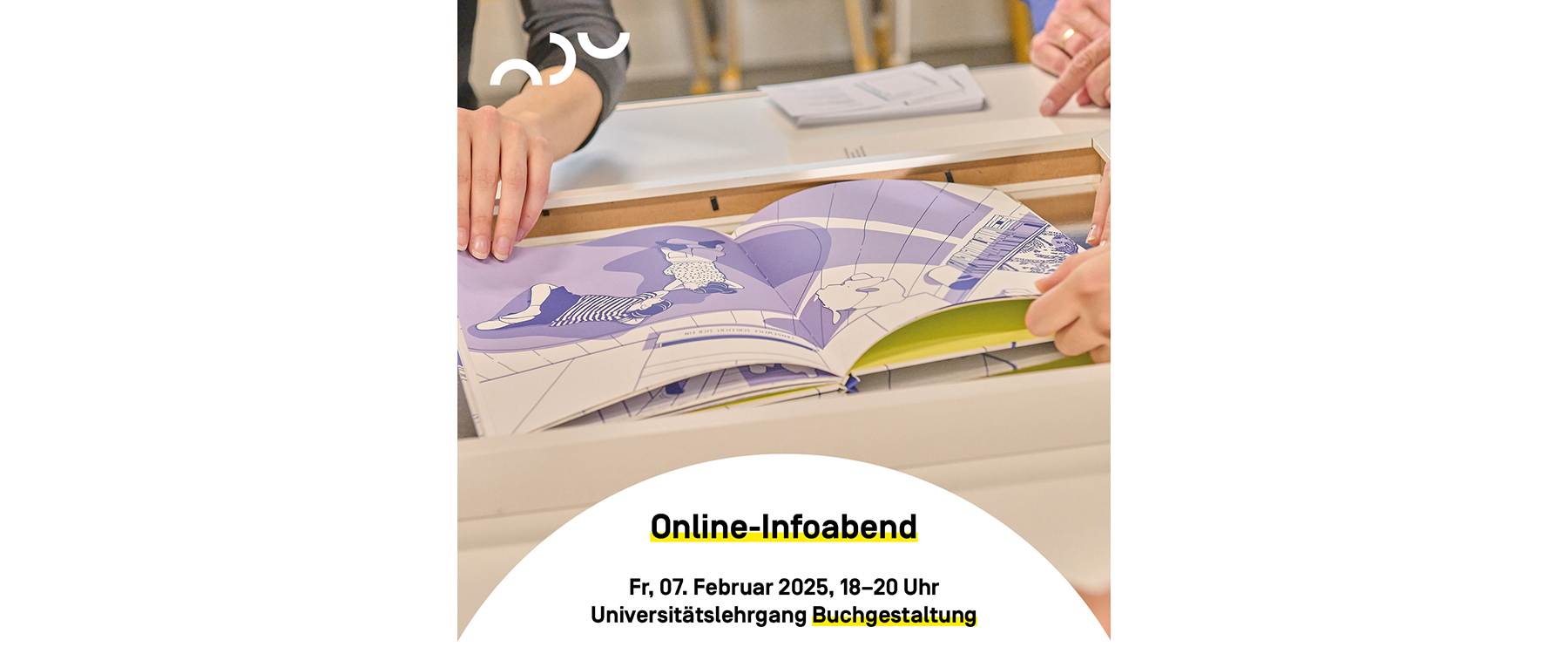 Plakat: Online-Infoabend Universitätslehrgang Buchgestaltung