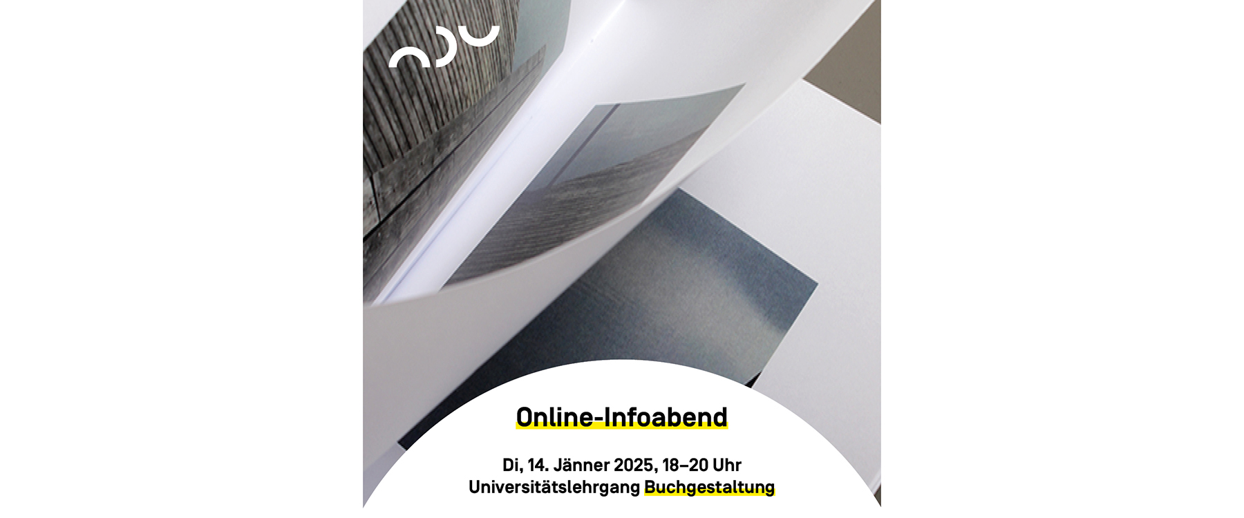 Plakat: Online-Infoabend Universitätslehrgang Buchgestaltung