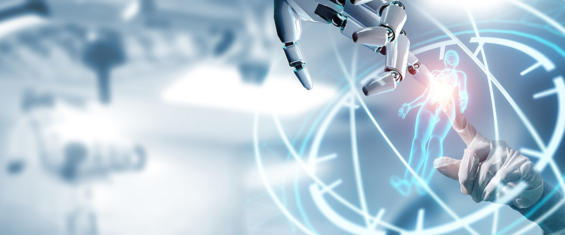 Ein Roboter und ein Mensch berühren sich mit den Zeigefingern
