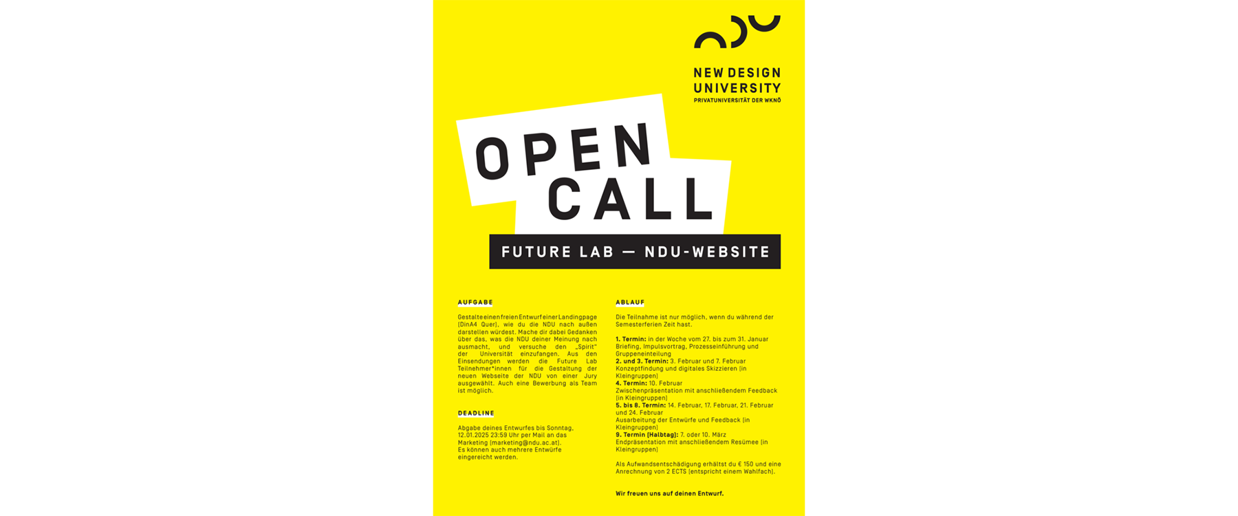 Plakat: Open Call - NDU-Webseite
