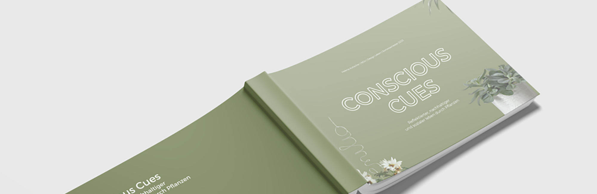 Ein nach unten aufgeschlagenes Buch, auf dessen Cover "Conscious Cues" steht