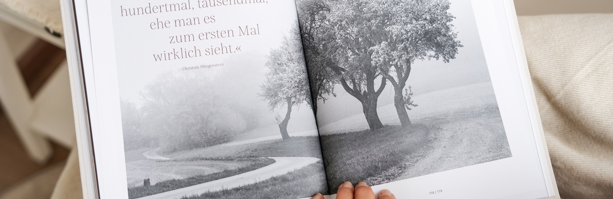 Aufgeschlagenes Buch mit Baumillustration auf der Buchinnenseite