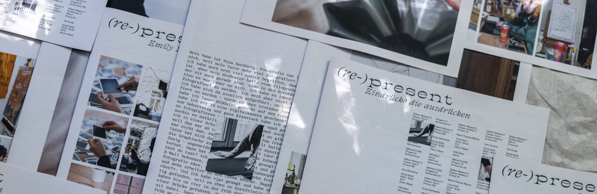 Das Bild besteht aus einer Collage aus verschiedenen grafisch gestalteten Papieren: besonders hervor sticht der Spruch (re)present
