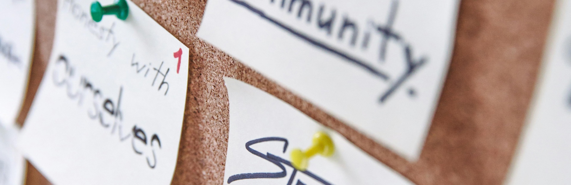 Das Bild zeigt eine Korkwand, an der weiße Post It's angepinnt sind auf denen unter anderem "Honetsy with ourselves" und "Community" steht