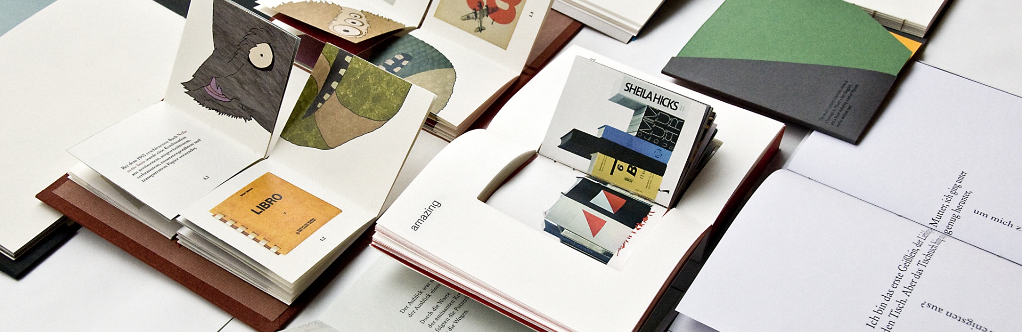 Auf einer horizontalen Ebene liegen mehrere Bücher aufgelegt in unterschiedlichen Designs