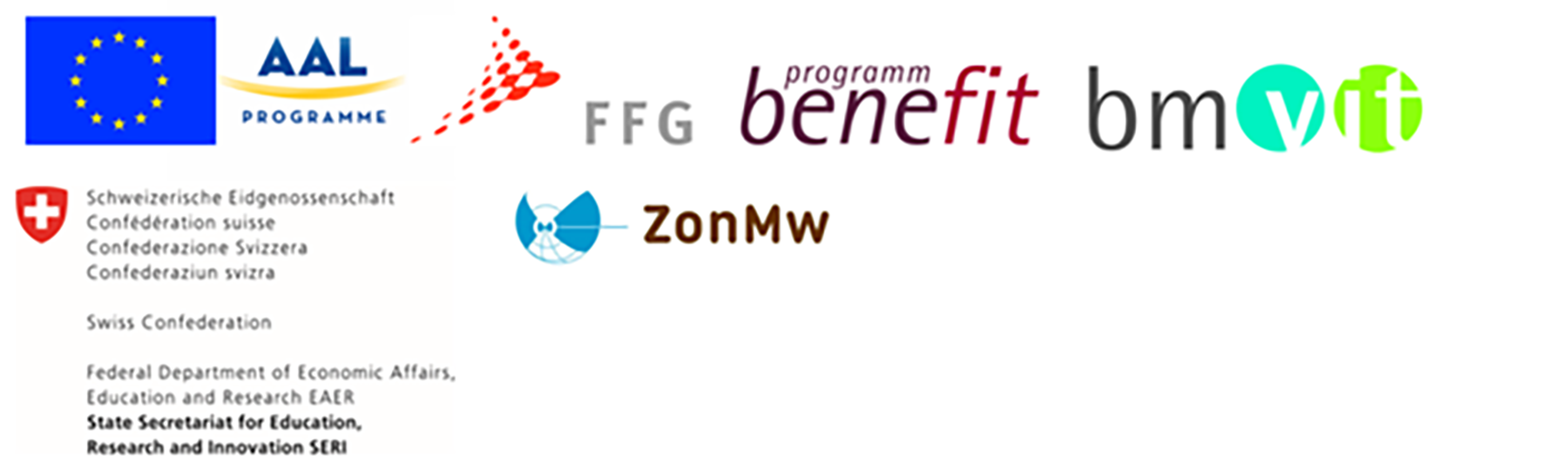 Logos: AAL, FFG, benefit, bmvit, Schweizerische Eidgenossenschaft, ZonMw