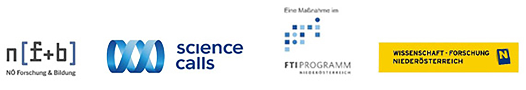 Logos: NÖ Forschung&Bildung, ScienceCalls, FTI-Programm, Wissenschaft&Forschung NÖ